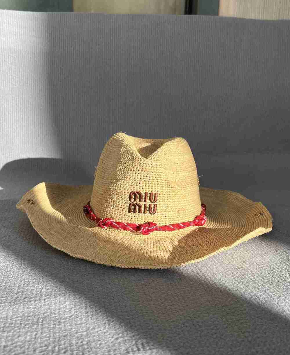 Miu Miu Straw Cowboy Hat Red Knot Strap Sun Hat